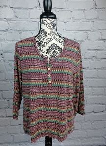 Top Story women's long sleeve stretch knit 1/2 button geometric print xl top b6